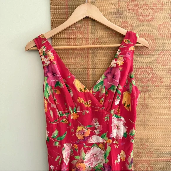 Vintage 90s Chiffon Fit and Flare Vneck Floral Red Sleeveless Dress - Picture 2 of 6